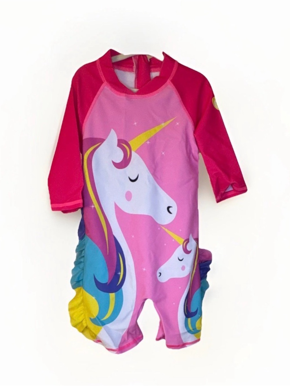 Girls Pink Unicorn One-Piece Long-Sleeve Swimsuit with Hat